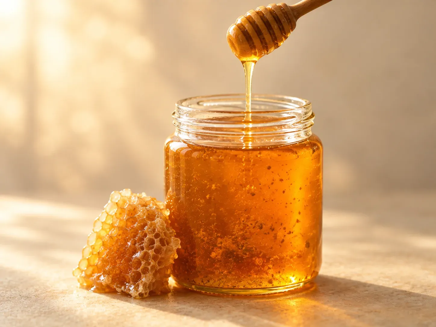 Raw honey drawn from an open glass jar on a wooden dipper, beside a piece of honeycomb.