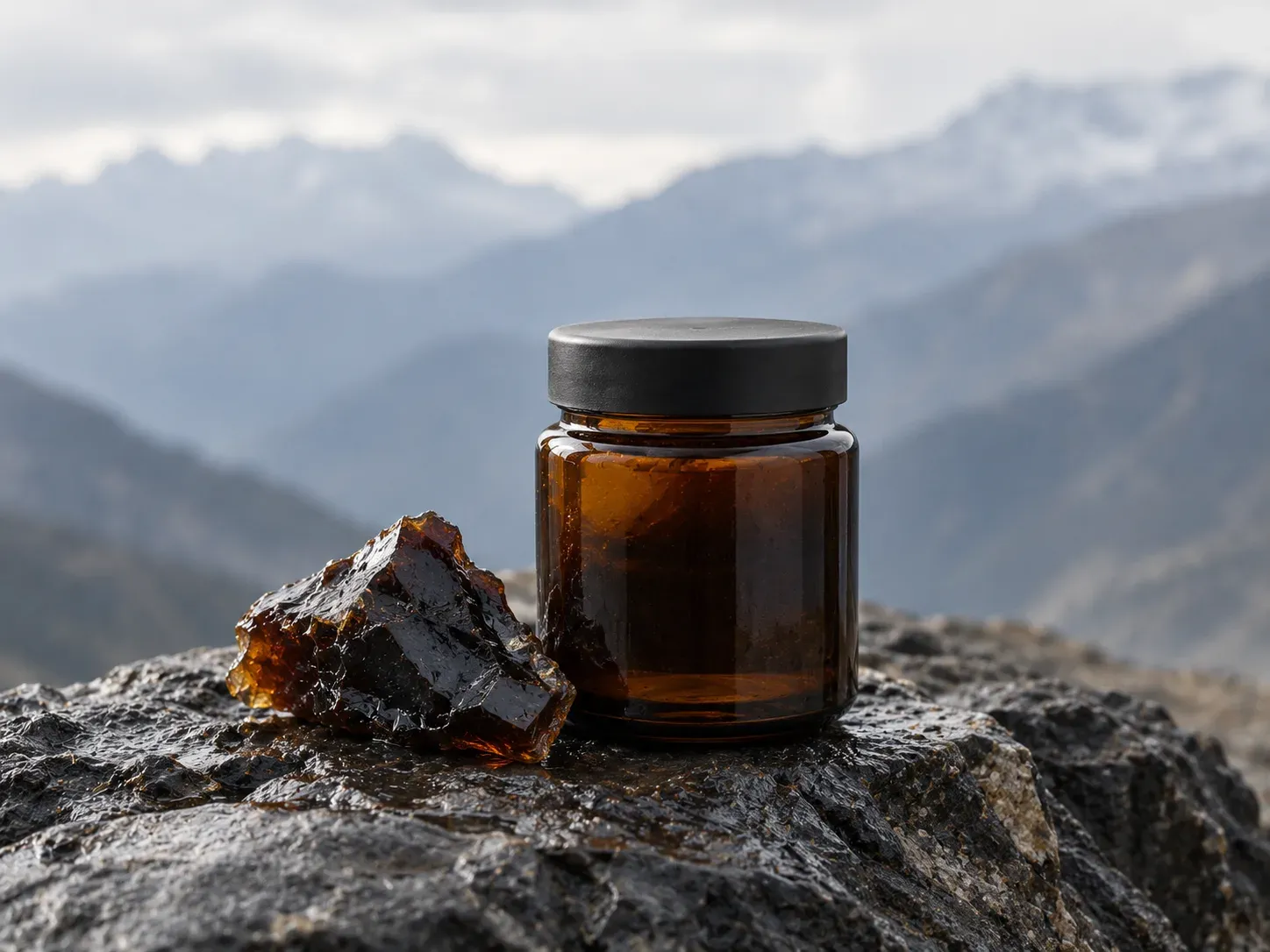 A dark amber jar of shilajit resin on wet Karakoram rock, with hazy mountain ridges behind.